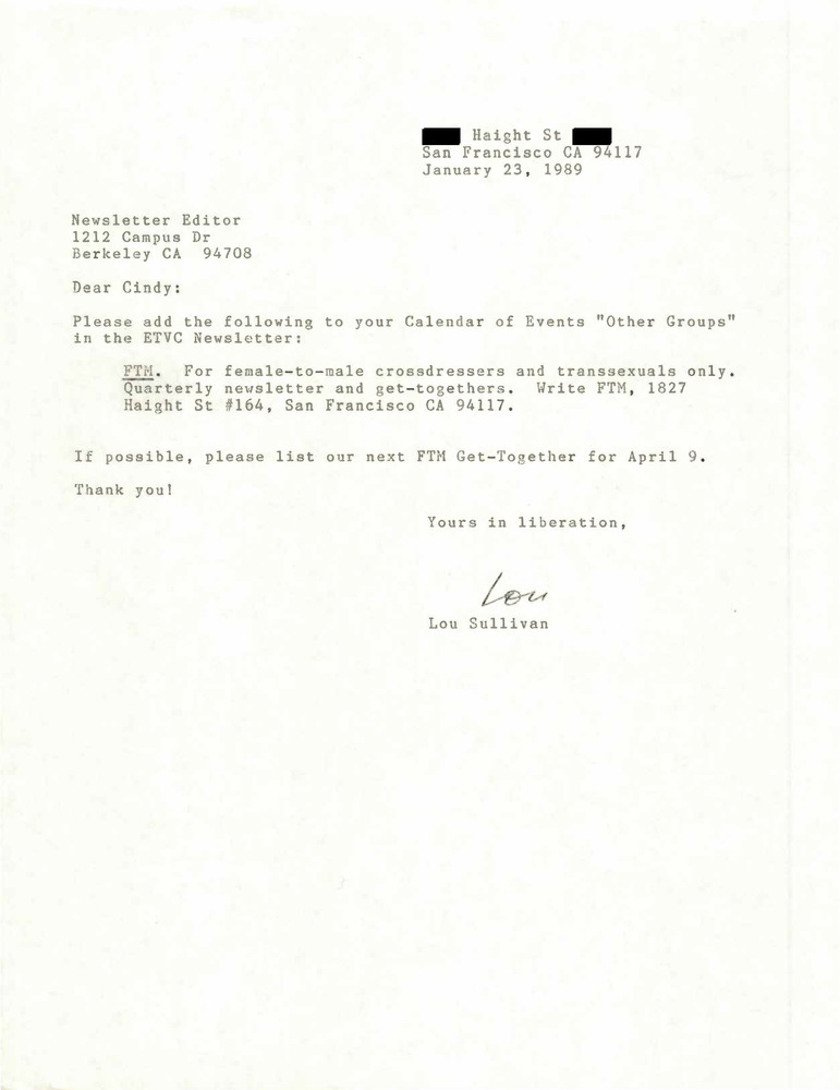 Download the full-sized PDF of Correspondence from Lou Sullivan to Cindy (January 23, 1989)