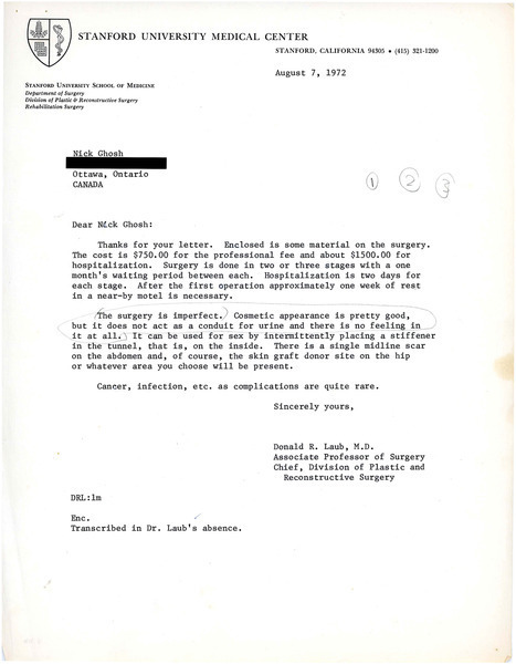 Download the full-sized image of Letter from Donald R. Laub to Rupert Raj (August 7, 1972)