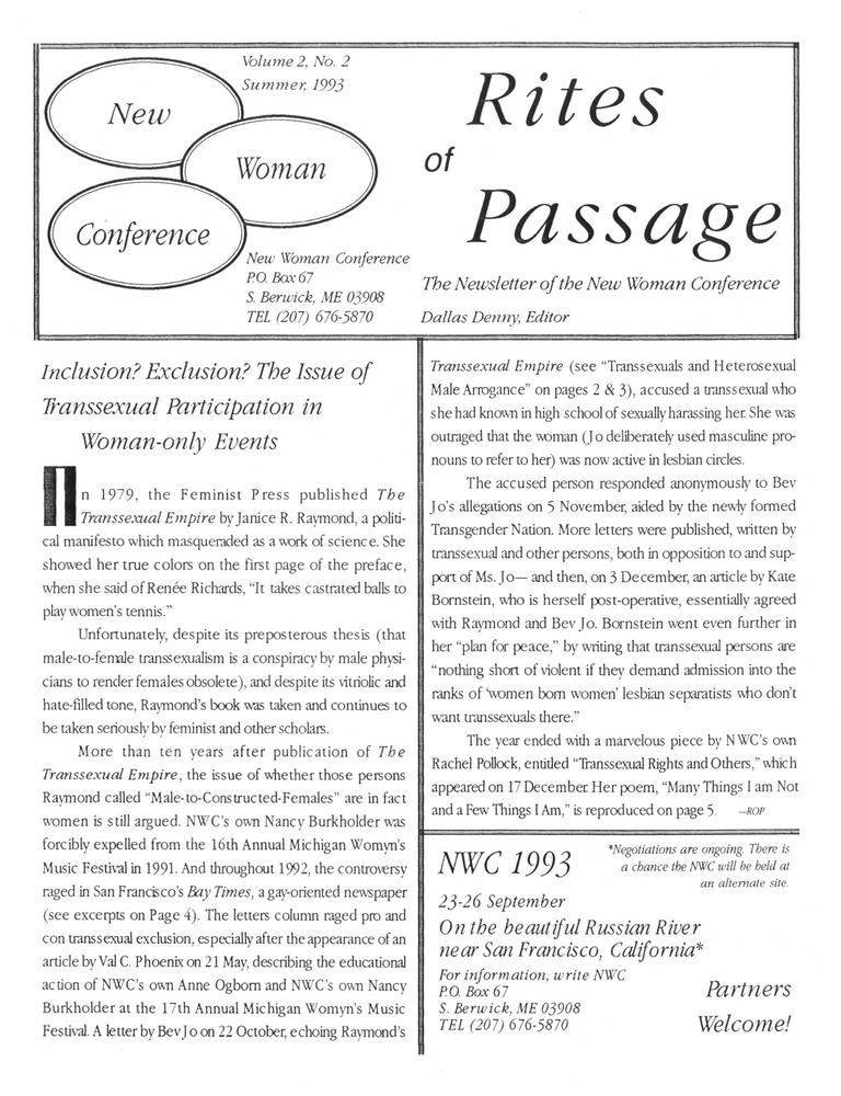 Download the full-sized PDF of Rites of Passage: The Newsletter of the New Woman Conference, Vol. 2 No. 2 (Summer, 1993) 