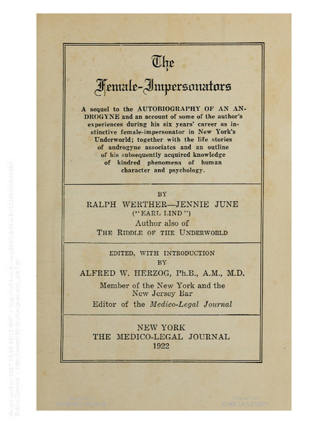 Download the full-sized image of The female-impersonators : a sequel to the Autobiography of an androgyne and an account of some of the author's experiences during his six years' career as instinctive female-impersonator in New York's underworld