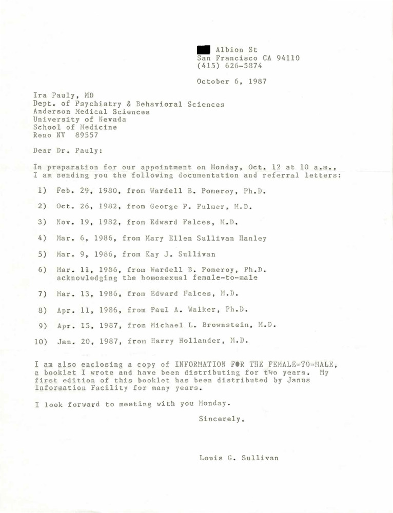 Download the full-sized PDF of Correspondence from Lou Sullivan to Ira Pauly (October 6, 1987)