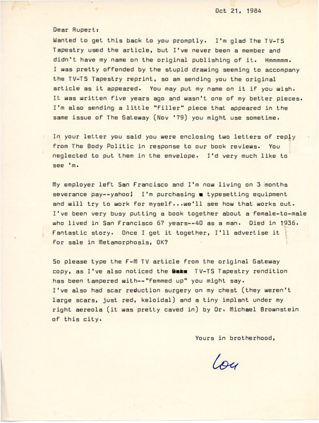 Download the full-sized image of Letter from Lou Sullivan to Rupert Raj (October 21, 1984)