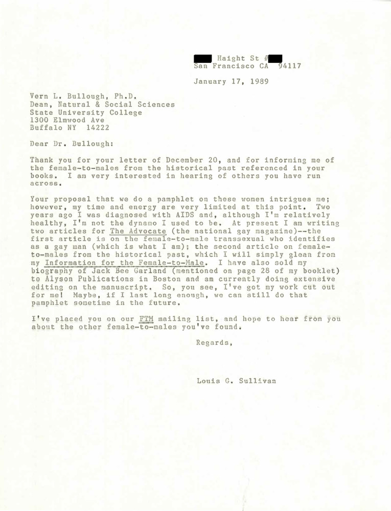 Download the full-sized PDF of Correspondence from Lou Sullivan to Vern Bullough (January 17, 1989)