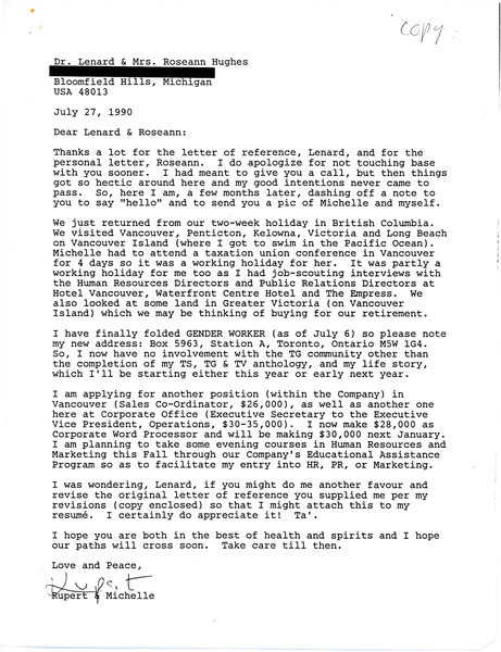 Download the full-sized image of Letter from Rupert Raj to Dr. Lenard and Roseann Hughes (July 27, 1990)