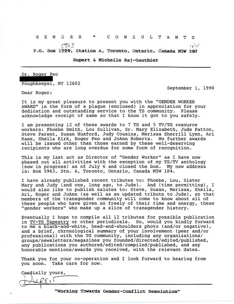 Download the full-sized image of Letter from Rupert Raj to Roger Peo (September 1, 1990)