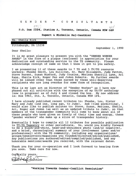 Download the full-sized image of Letter from Rupert Raj to Sheila Kirk (September 1, 1990)