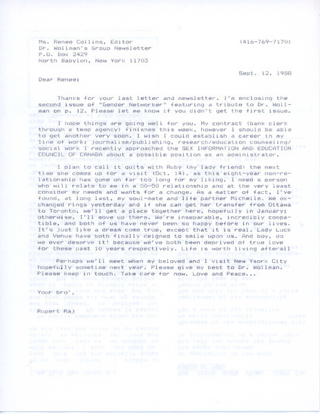 Download the full-sized image of Letter from Rupert Raj to Renee Collins (September 12, 1988)