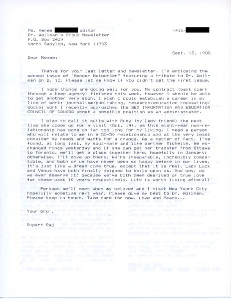 Download the full-sized image of Letter from Rupert Raj to Renee Collins (September 12, 1988)