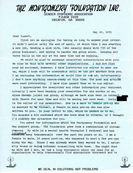 Download the full-sized image of Letter Describing the Work of the Montgomery Foundation Inc. (May 20, 1985)