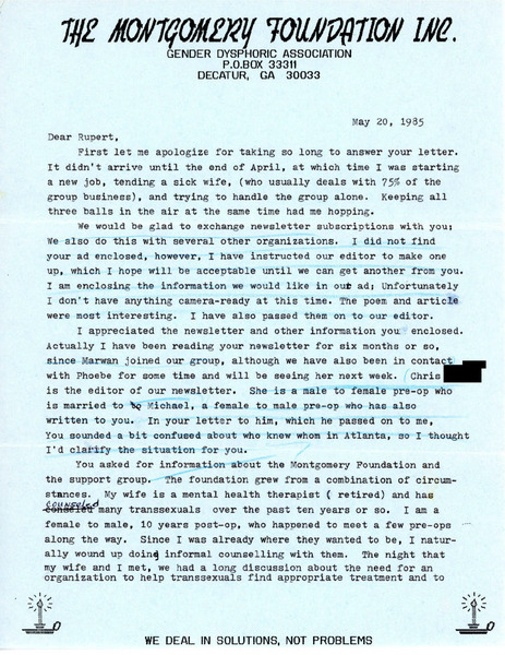 Download the full-sized PDF of Letter Describing the Work of the Montgomery Foundation Inc. (May 20, 1985)