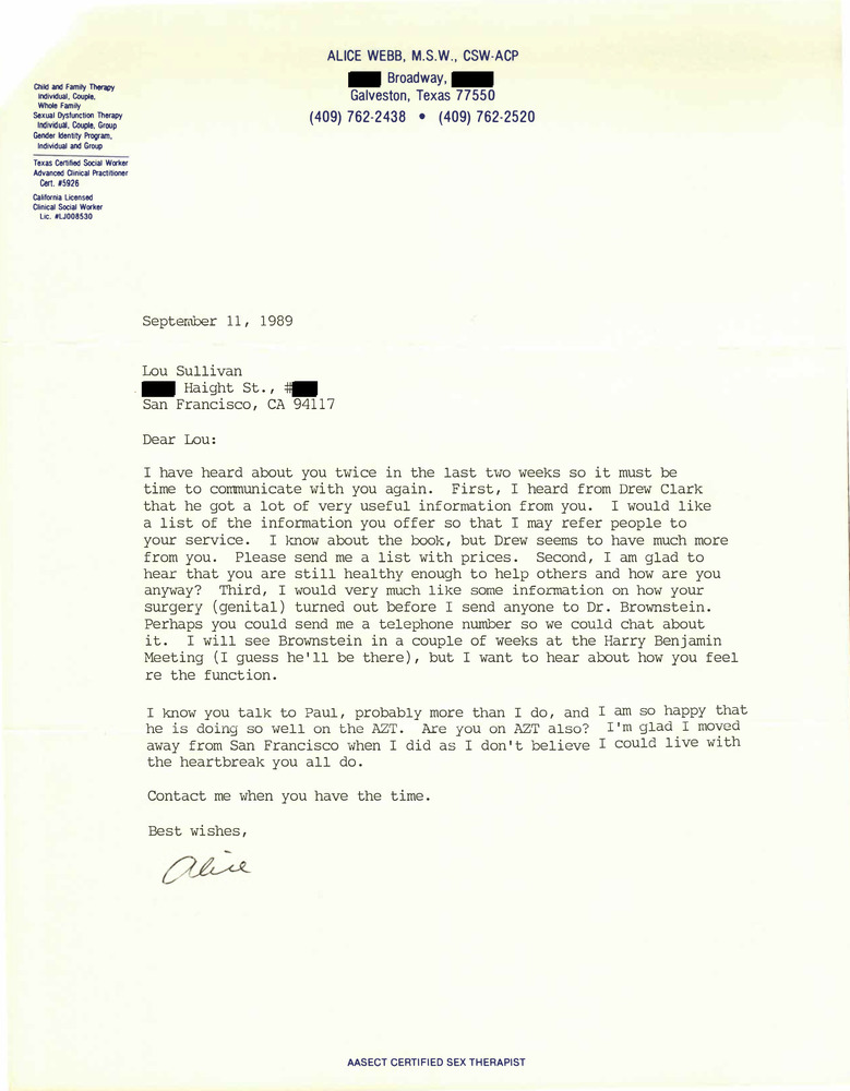 Download the full-sized PDF of Correspondence from Alice Webb to Lou Sullivan (September 11, 1989)