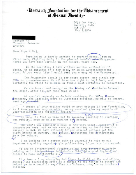 Download the full-sized image of Letter from Rev Dr. Linda O'Connell to Rupert Raj (May 9, 1984)