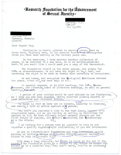 Download the full-sized image of Letter from Rev Dr. Linda to Rupert Raj (May 9, 1984)