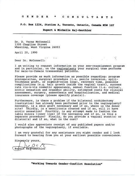 Download the full-sized image of Letter from Rupert Raj to Dr. Verne McConnell (April 20, 1990)