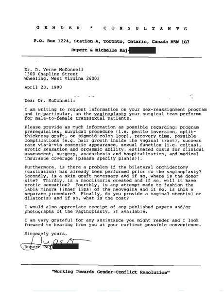 Download the full-sized image of Letter from Rupert Raj to Dr. Verne McConnell (April 20, 1990)