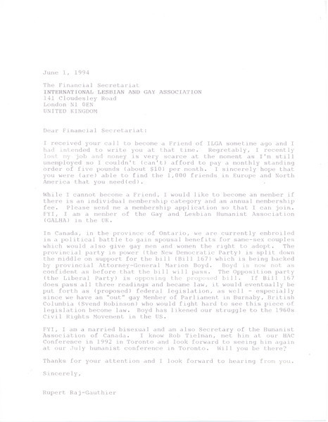Download the full-sized image of Letter from Rupert Raj to Financial Secretariat of the International Lesbian and Gay Organization (June 1, 1994)