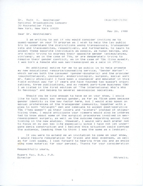 Download the full-sized image of Letter from Rupert Raj to Dr. Ruth K. Westheimer (May 20, 1988)