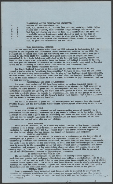 Download the full-sized image of Transsexual Action Organization Newsletter (c. 1977-1980)