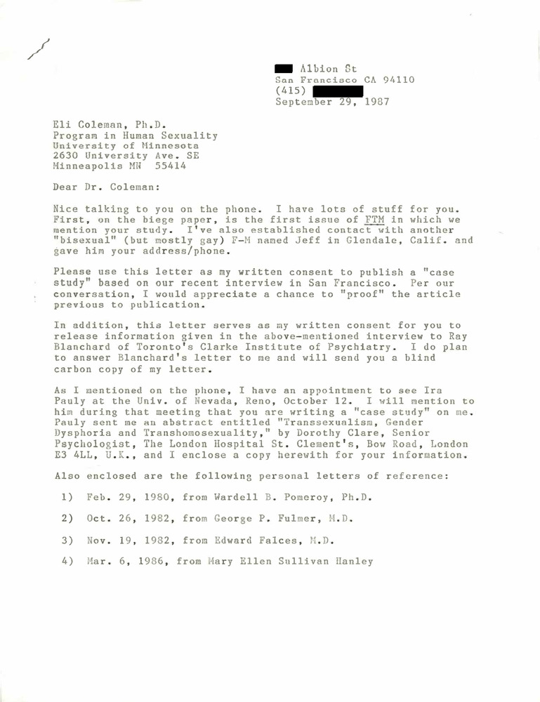 Download the full-sized PDF of Correspondence from Lou Sullivan to Eli Coleman (September 29, 1987)