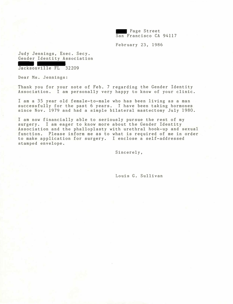 Download the full-sized PDF of Correspondence from Lou Sullivan to Judy Jennings (February 23, 1986)