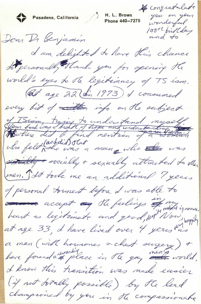 Download the full-sized PDF of Correspondence from Lou Sullivan to Harry Benjamin