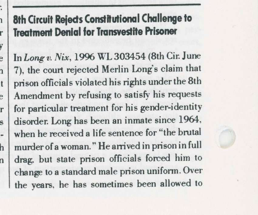 Download the full-sized PDF of 8th Circuit Rejects Constitutional Challenge to Treatment Denial for Transvestite Prisoner