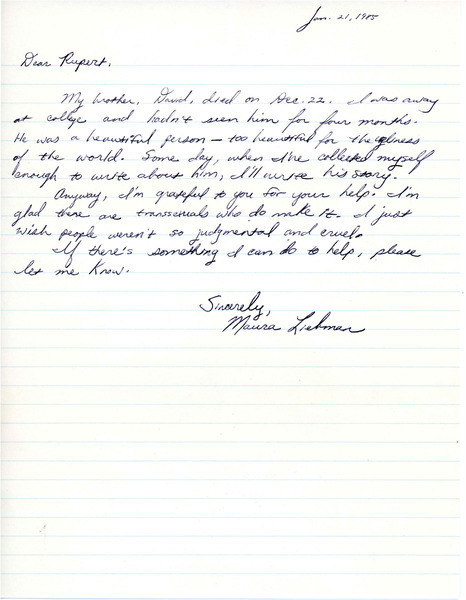 Download the full-sized image of Letter from Maura Liebman to Rupert Raj (January 21, 1985)