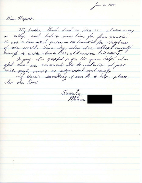 Download the full-sized image of Letter from Maura Liebman to Rupert Raj (January 21, 1985)