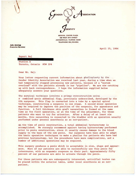 Download the full-sized image of Letters from Judy Jennings to Rupert Raj (April 25, 1984)