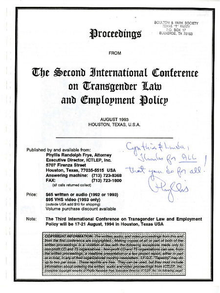 Download the full-sized image of Proceedings from the International Conference on Transgender Law and Employment Policy (August, 1993)