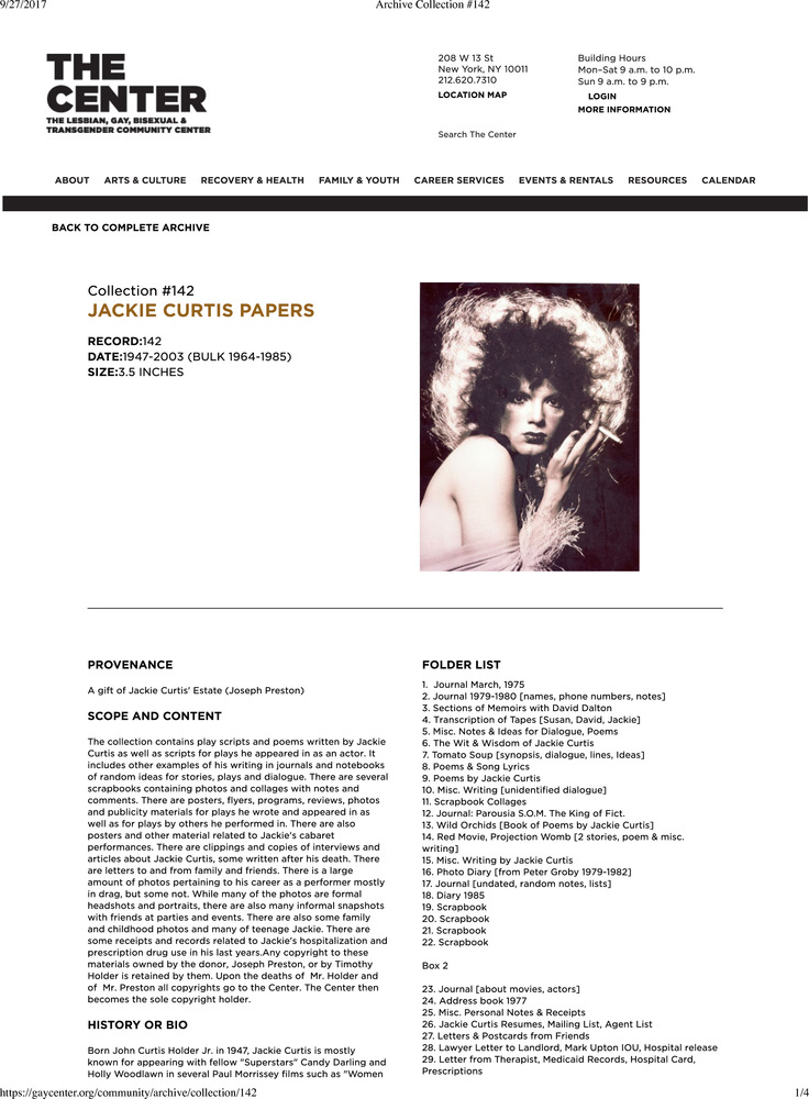 Download the full-sized PDF of Jackie Curtis Papers