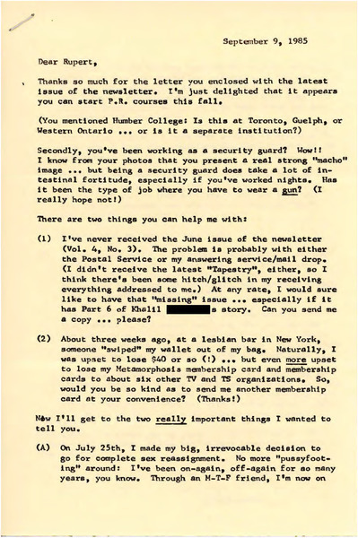 Download the full-sized image of Letter from Jana to Rupert Raj (September 9, 1985)