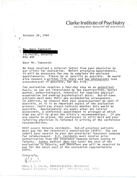 Download the full-sized image of Letter from K. Lewis to Mr. Gary Townsend (October 18, 1984)