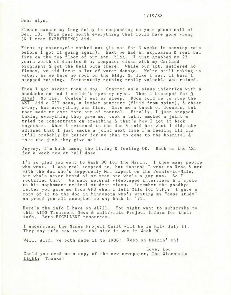 Download the full-sized PDF of Correspondence from Lou Sullivan to Alyn Hess (January 19, 1988)