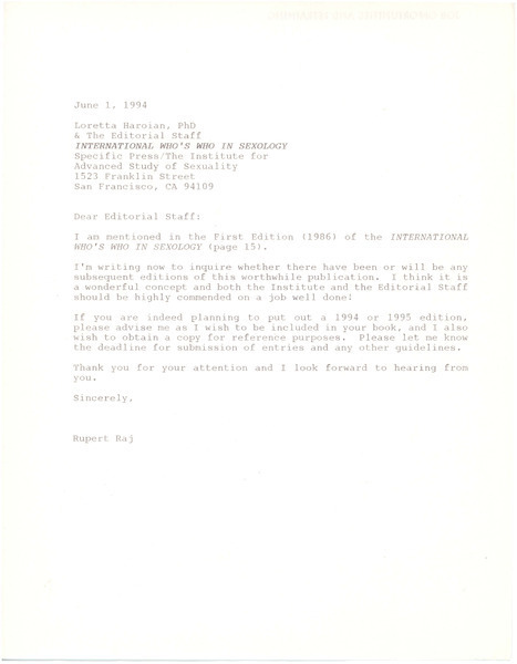 Download the full-sized image of Letter from Rupert Raj to Loretta Haroian (June 1, 1994)