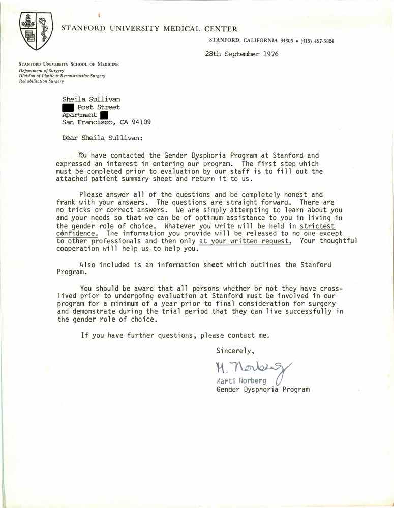 Download the full-sized PDF of Correspondence from Marti Norberg to Lou Sullivan (September 28, 1976)