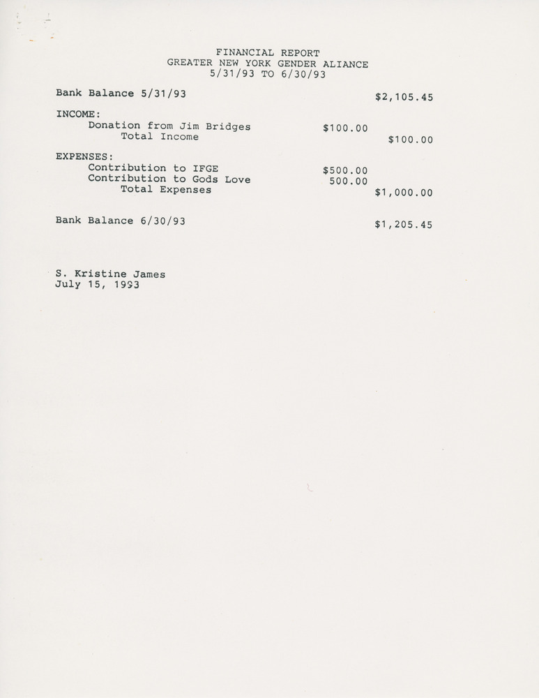 Download the full-sized PDF of Financial Report for Greater New York Gender Alliance, June 1993