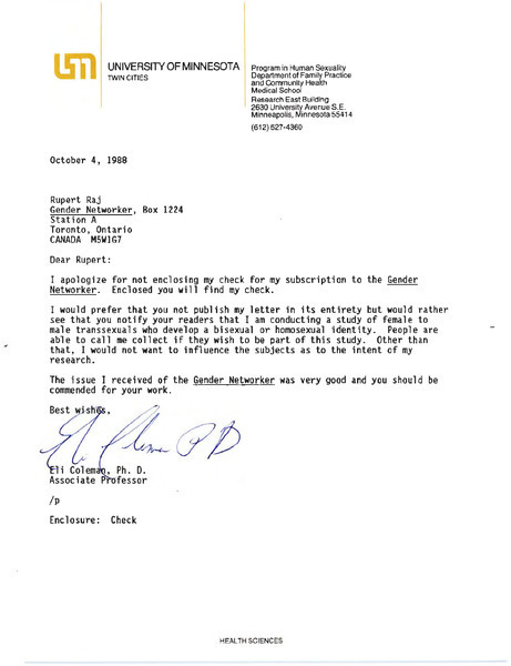 Download the full-sized image of Letter from Eli Coleman to Rupert Raj (1988-1989)