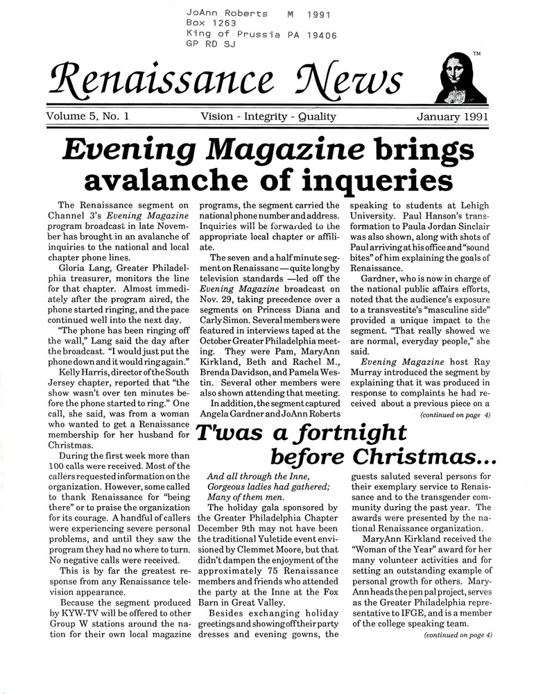 Download the full-sized PDF of Renaissance News, Vol. 5 No. 1 (January 1991)