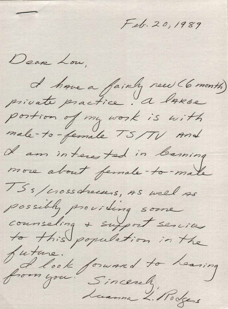 Download the full-sized PDF of Correspondence from Louanna Rodgers to Lou Sullivan (February 20, 1989)
