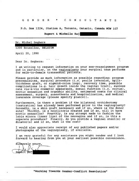 Download the full-sized image of Letter from Rupert Raj to Dr. Michel Seghers (April 20, 1990)