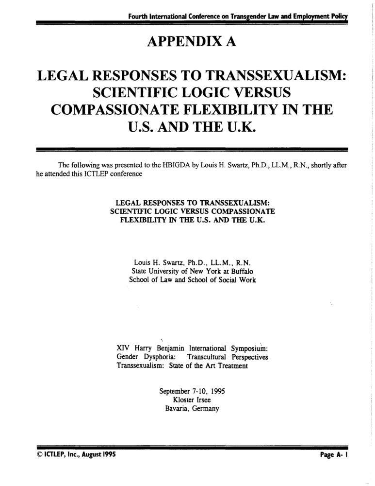 Download the full-sized PDF of Appendix A: Legal Responses to Transsexualism: Scientific Logic Versus Compassionate Flexibility in the U.S. and the U.K.