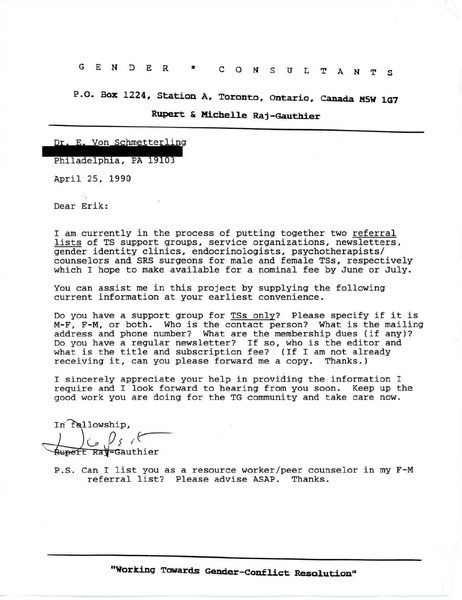 Download the full-sized image of Letter from Rupert Raj to Dr. E. Von Schmetterling (April 25, 1990)