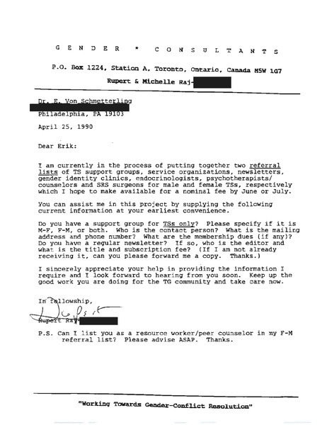 Download the full-sized image of Letter from Rupert Raj to Dr. E. Von Schmetterling (April 25, 1990)