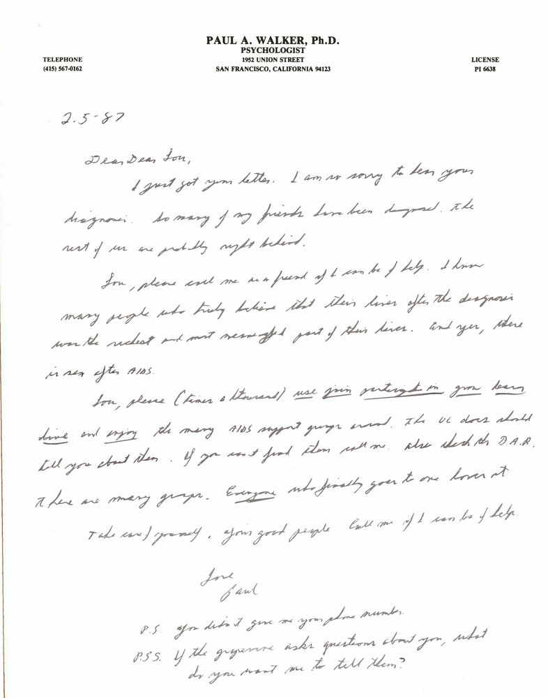 Download the full-sized PDF of Correspondence from Paul Walker to Lou Sullivan (February 5, 1987)