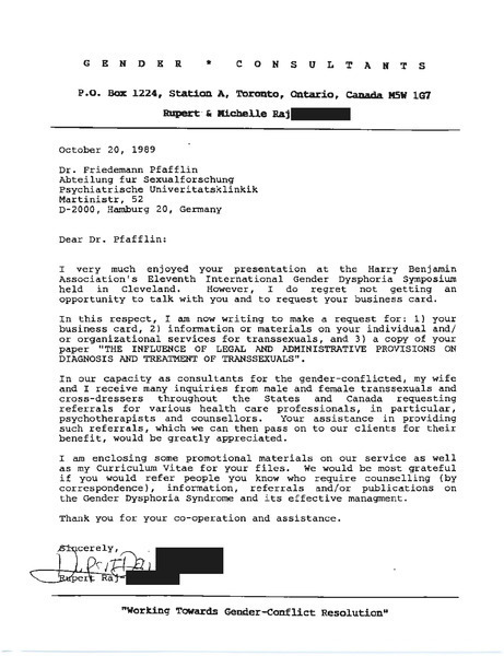 Download the full-sized image of Letter from Rupert Raj to Dr. Friedemann Pfafflin (October 20, 1989)