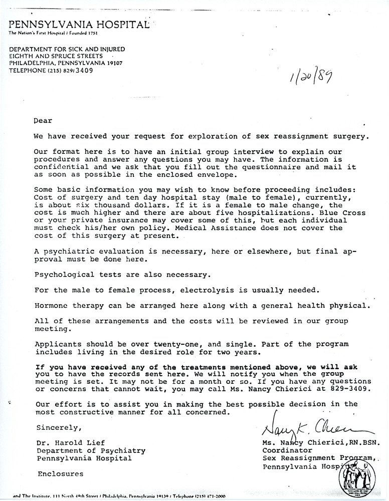Download the full-sized PDF of Letter from Dr. Harold Lief and Nancy Chierici (January 20, 1989)