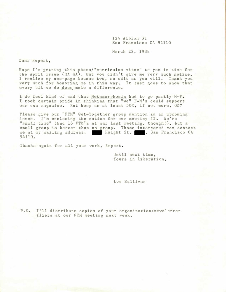 Download the full-sized PDF of Correspondence from Lou Sullivan to Rupert Raj (March 22, 1988)