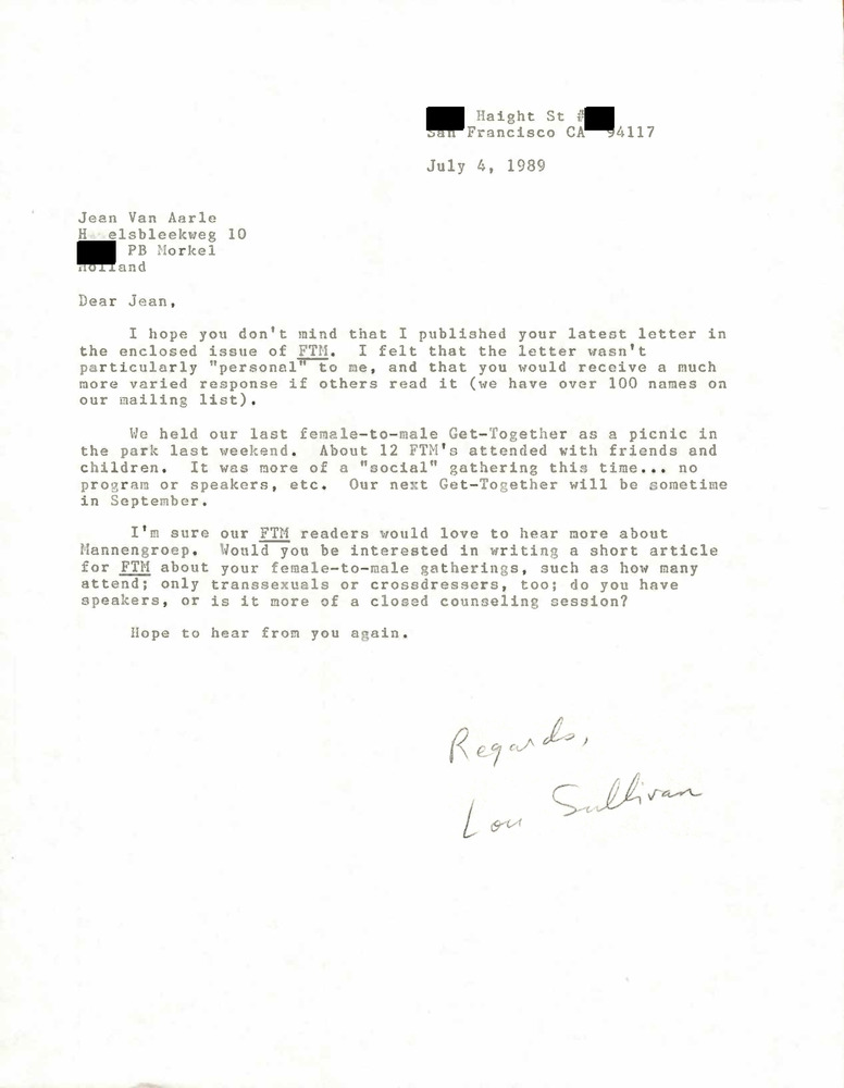 Download the full-sized PDF of Correspondence from Lou Sullivan to Jean Aarle (July 4, 1989)