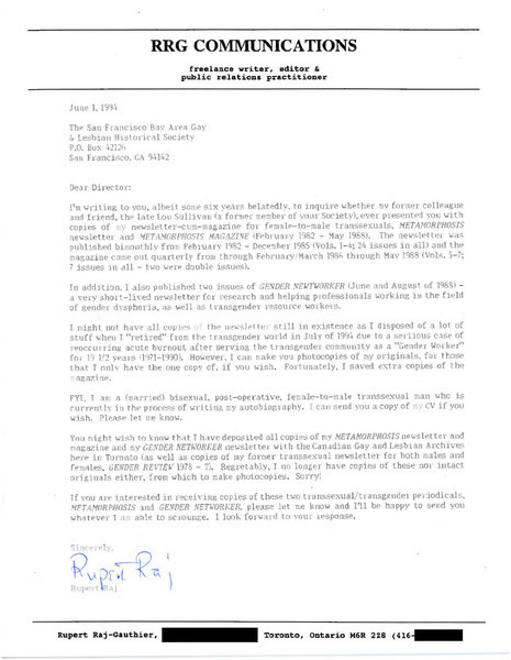 Download the full-sized image of Letter from Rupert Raj to The San Francisco Bay Area Gay and Lesbian Historical Society (June 10, 1994)